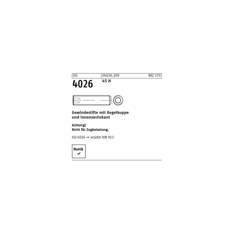 Ausverkauf Gewindestifte ISO 4026 (=DIN 913) - M2,5x8 - Kegelkuppe und Innensechskant - Stahl 45h - 500 Stück