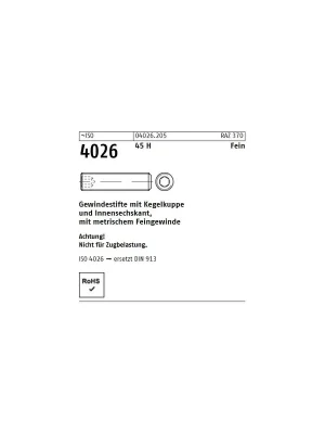 ~ISO 4026 45 H Fein Gewindestifte mit Kegelkuppe und Innensechskant, mit metr. Feingewinde - Abmessung M 8 x 0,75x 10 (500 Stück) Neue Kollektion
