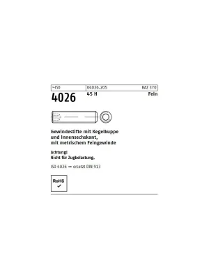 ~ISO 4026 45 H Fein Gewindestifte mit Kegelkuppe und Innensechskant, mit metr. Feingewinde - Abmessung M10 x 1 x 10 (200 Stück) Wochenendangebot