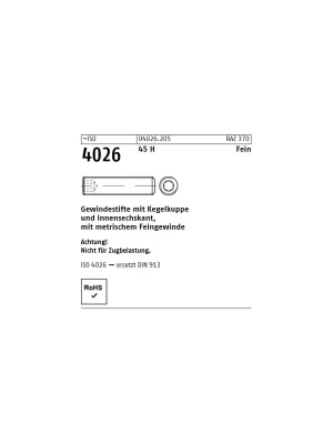 ~ISO 4026 45 H Fein Gewindestifte mit Kegelkuppe und Innensechskant, mit metr. Feingewinde - Abmessung M10 x 1 x 40 (100 Stück) Neu