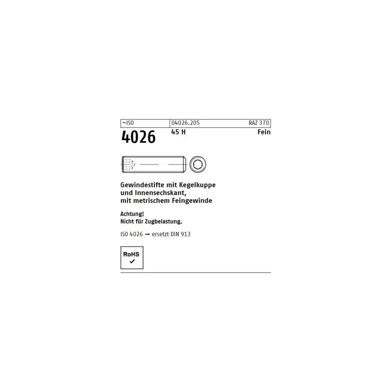 ~ISO 4026 45 H Fein Gewindestifte mit Kegelkuppe und Innensechskant, mit metr. Feingewinde - Abmessung M12 x 1,5 x 70 (50 Stück) Saisonangebot