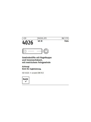 ~ISO 4026 45 H Fein Gewindestifte mit Kegelkuppe und Innensechskant, mit metr. Feingewinde - Abmessung M12 x 1,25 x 16 (200 Stück) Aktuell