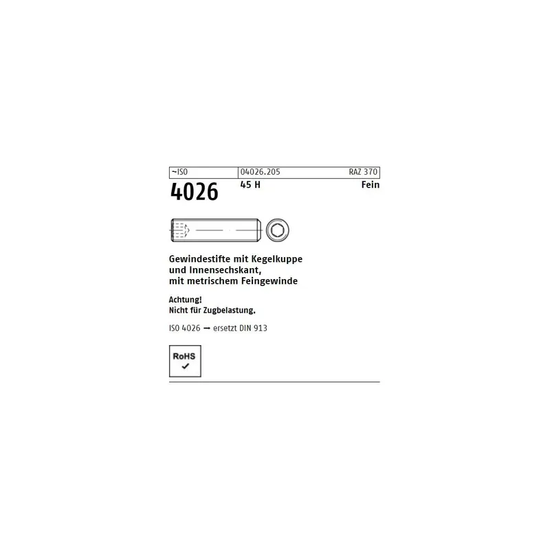 ~ISO 4026 45 H Fein Gewindestifte mit Kegelkuppe und Innensechskant, mit metr. Feingewinde - Abmessung M12 x 1 x 8 (100 Stück) Angebot