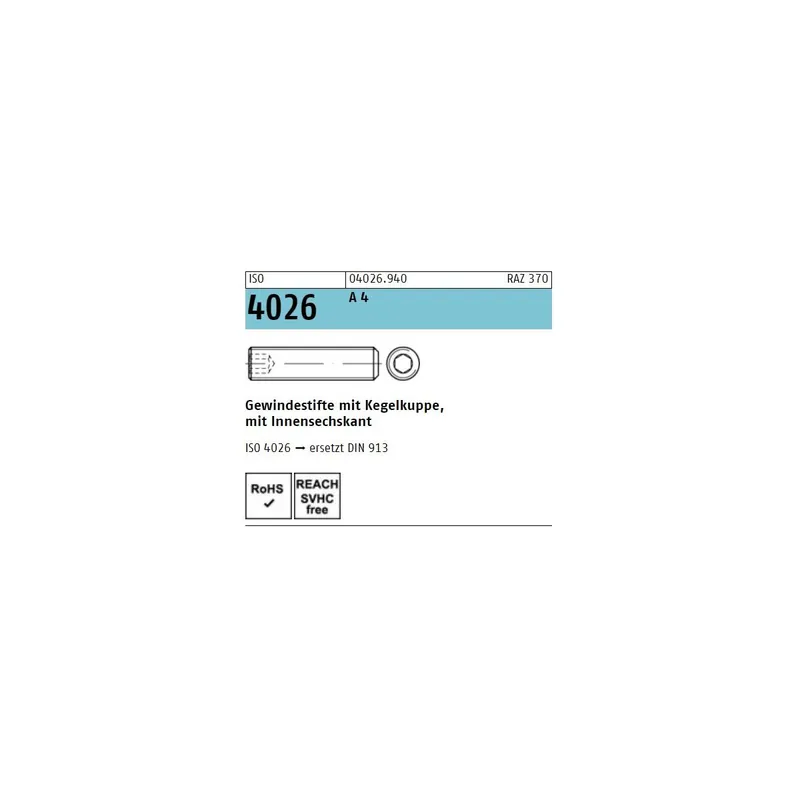 ISO 4026 A 4 Gewindestifte mit Kegelkuppe und Innensechskant - Abmessung M 6 x 40 (200 Stück) Preisknaller