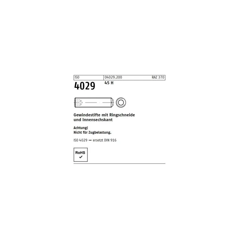 Online Kaufen ISO 4029 45 H Gewindestifte mit Ringschneide und Innensechskant - Abmessung M 10 x 70 (100 Stück)