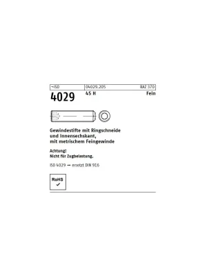 ~ISO 4029 45 H Fein Gewindestifte mit Ringschneide und Innensechskant, mit metrischem Feingew. - Abmessung M 12x1,25x 12 (200 Stück) Heißes Angebot