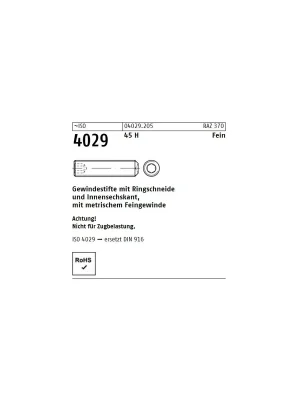 ~ISO 4029 45 H Fein Gewindestifte mit Ringschneide und Innensechskant, mit metrischem Feingew. - Abmessung M 12x1,25x 20 (100 Stück) Schnäppchen