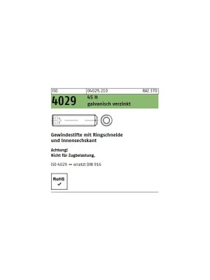 Abverkauf ISO 4029 45 H galvanisch verzinkt Gewindestifte mit Ringschneide und Innensechskant - Abmessung M 12 x 10 (200 Stück)