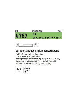 Billig ISO 4762 8.8 galv. verz. 8 DiSP + SL Zylinderschrauben mit Innensechskant