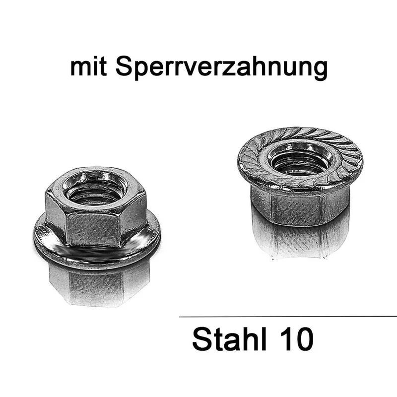 Flanschmutter DIN 6923 - Stahl 10 - mit Sperrverzahnung Neu