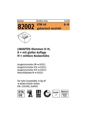 Artikel 82002 GTW 40 B-M galvanisch verzinkt LINDAPTER-Klemmen B-M mit glatter Auflage, mittlere Nockenhöhe Highlight
