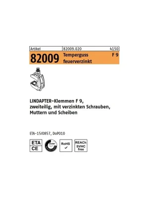 Artikel 82009 Temperguss F 9 feuerverzinkt LINDAPTER-Klemmen F 9, zweiteilig, mit verzinkten Schrauben, Muttern u. Scheibe Expressversand