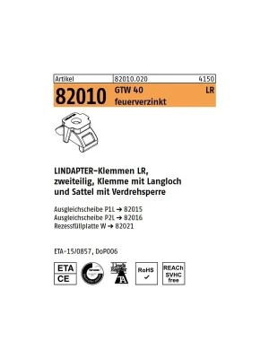 Artikel 82010 GTW 40 LR feuerverzinkt LINDAPTER-Klemmen LR, zweiteilig, Klemme mit Langloch u. Sattel mit Verdrehsperre Geprüft