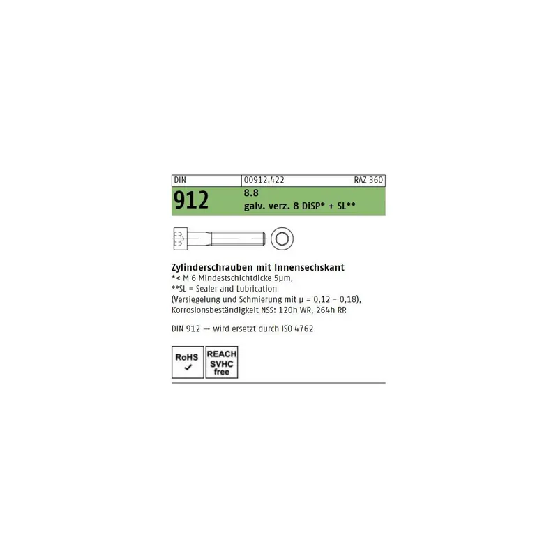 Abverkauf DIN 912 Zylinderschraube - verzinkt - DiSP + SL - ISK - M12x35 - 100 Stück