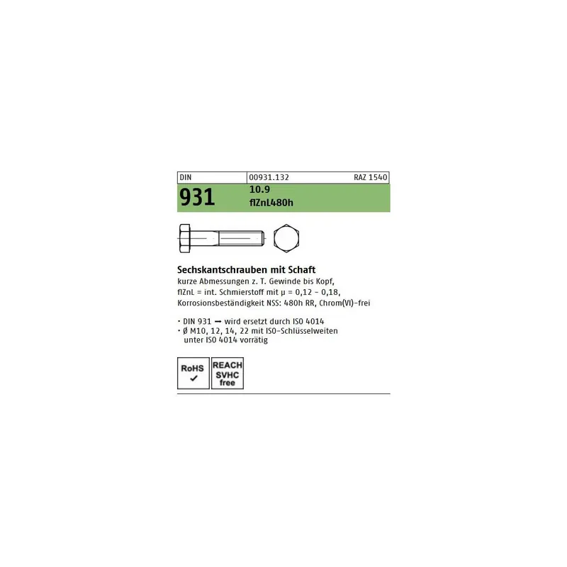 DIN 931 Sechskantschraube - Zinklamelle 10.9 X - TG - M16x80 - 25 Stück Geprüft