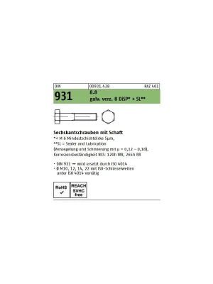 Abverkauf DIN 931 Sechskantschraube - verzinkt 8.8 -DiSP + SL - TG - M6x55 - 200 Stück
