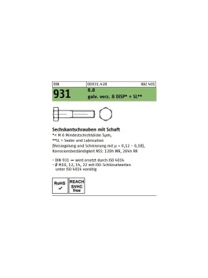 Abverkauf DIN 931 Sechskantschraube - verzinkt 8.8 -DiSP + SL - TG - M6x70 - 200 Stück
