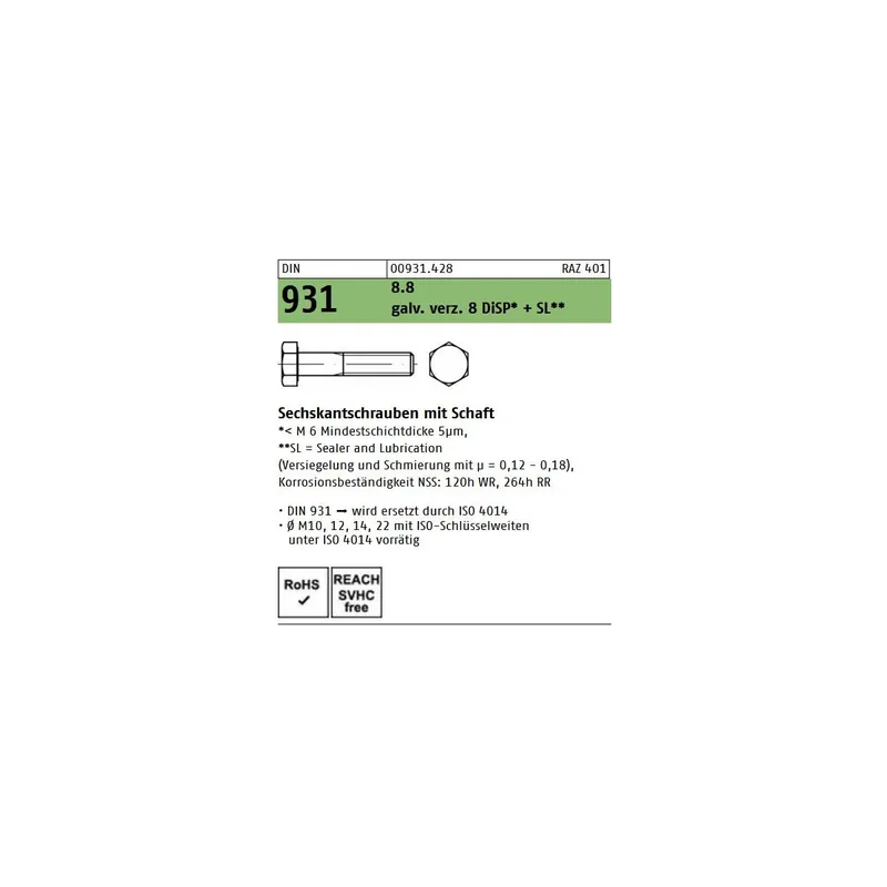 Abverkauf DIN 931 Sechskantschraube - verzinkt 8.8 -DiSP + SL - TG - M6x70 - 200 Stück