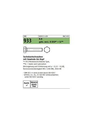 Abverkauf DIN 933 8.8 galv. verz. 8 DiSP + SL Sechskantschrauben mit Gewinde bis Kopf - Abmessung M 8 x 20 (200 Stück)