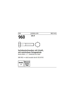 Abverkauf DIN 960 Sechskantschraube - Stahl 10.9 - TG - Feingewinde - M12x1,25x110 - 50 Stück