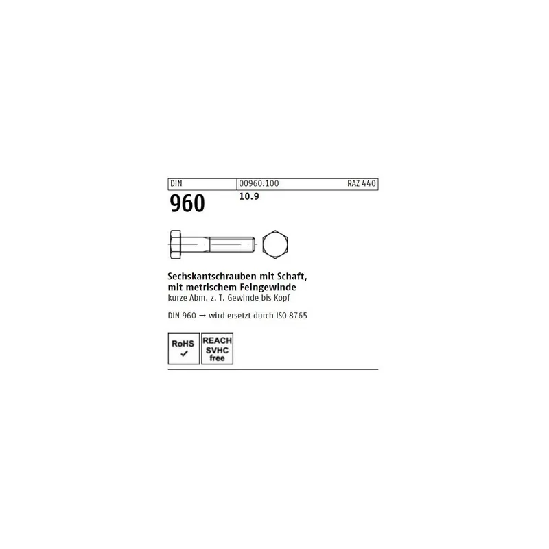 Abverkauf DIN 960 Sechskantschraube - Stahl 10.9 - TG - Feingewinde - M12x1,25x110 - 50 Stück