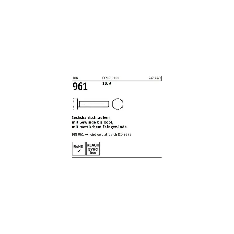 DIN 961 Sechskantschraube - Stahl 10.9 - VG - Feingewinde - M14x1,5x120 - 50 Stück Ausverkauf