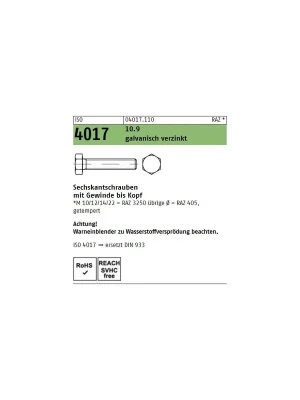 Aktuell ISO 4017 6KT-Schrauben Stahl 10.9 verzinkt