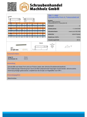 Zylinderstifte DIN 7 – 0,8x10 – Form A – mit Kuppe – Edelstahl A1 – 500 Stück – S&P Must-Have