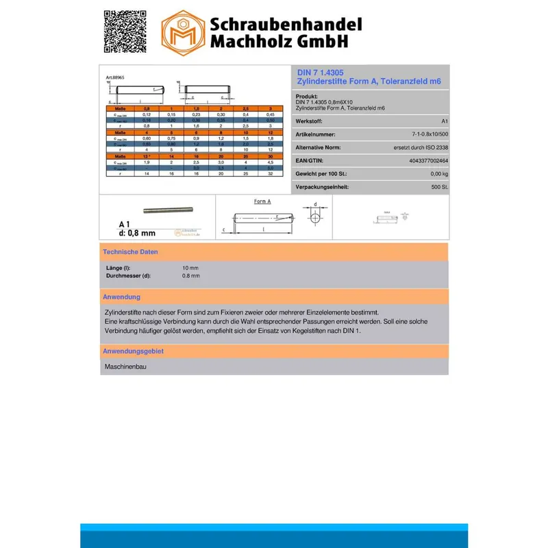 Zylinderstifte DIN 7 – 0,8x10 – Form A – mit Kuppe – Edelstahl A1 – 500 Stück – S&P Must-Have