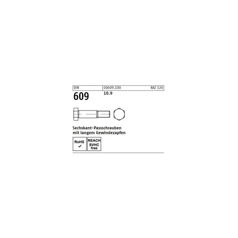 Versand Am Gleichen Tag DIN 609 10.9 Sechskant-Passschrauben mit langem Gewindezapfen - Abmessung M 16 x 40 (10 Stück)