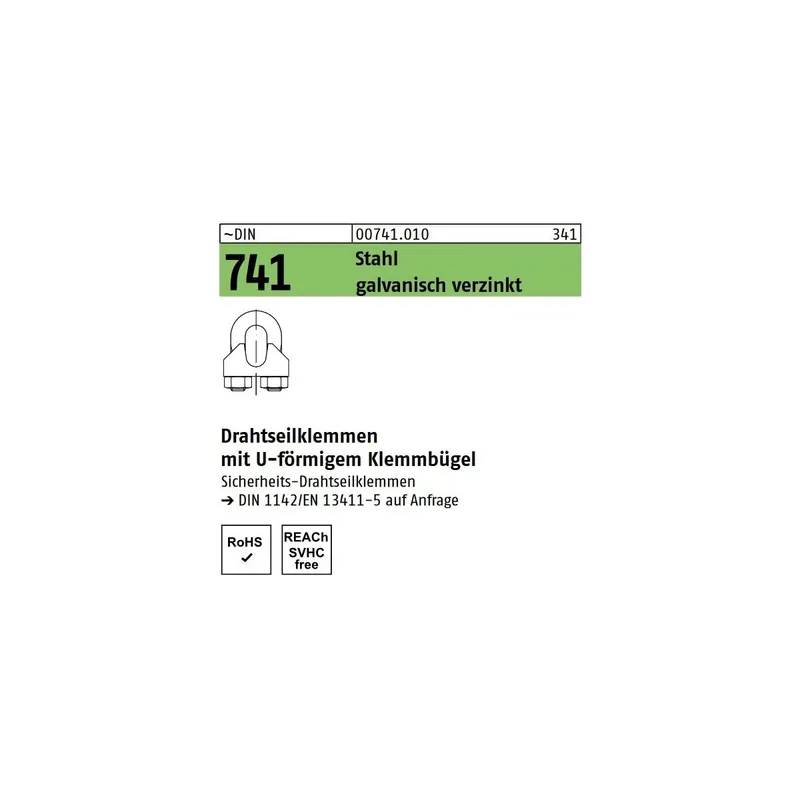 ~DIN 741 Stahl galvanisch verzinkt Drahtseilklemmen mit U-förmigem Klemmbügel - Abmessung 5 MM / M 5 (100 Stück) Zertifiziert