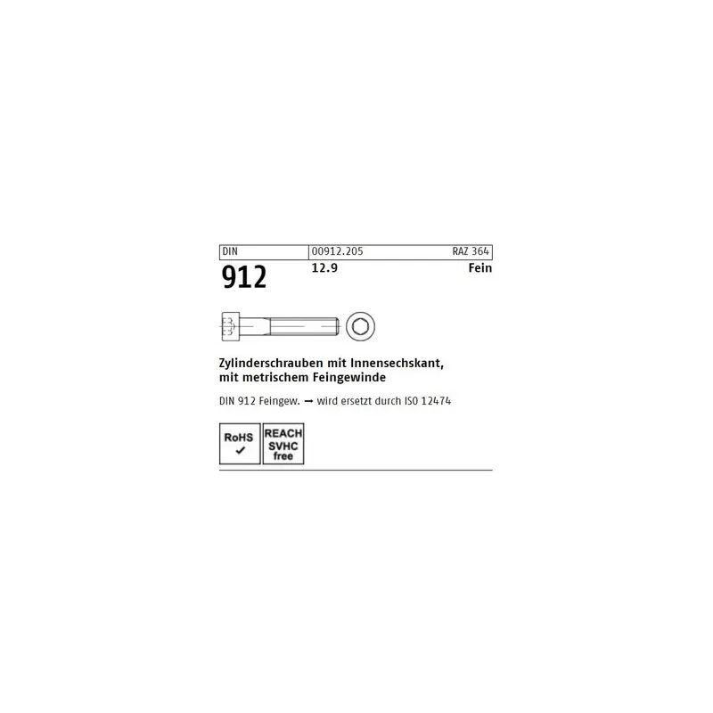 Billig DIN 912 Zylinderschrauben ISK Stahl 12.9, Feingewinde