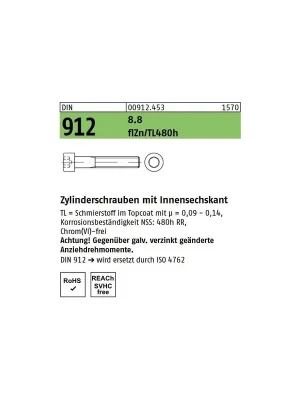 Abverkauf DIN 912 Zylinderschraube - Zinklamelle 8.8 - ISK - M6x40 - 200 Stück