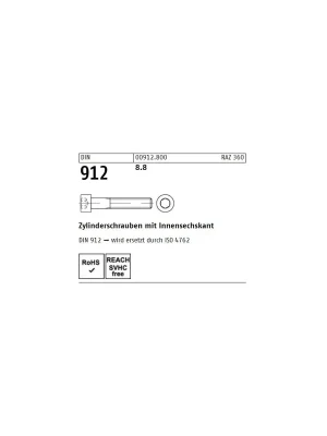 Zylinderschraube ISO 4762 - DIN 912 - M8x35 - Innensechskant - Stahl 8.8 - 200 Stück Solange Der Vorrat Reicht