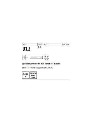 Zylinderschraube ISO 4762 - DIN 912 - M8x150 - Innensechskant - Stahl 8.8 - 100 Stück Schneller Versand